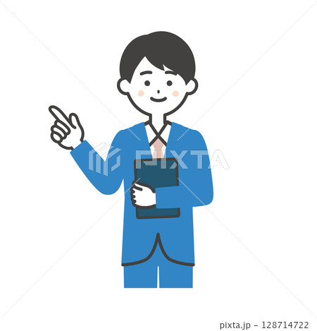 資料をもって指を立てるスーツ姿の男性イラスト 資料をもって指を立てるスーツ姿の男性イラスト 128714722