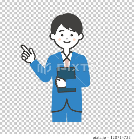 資料をもって指を立てるスーツ姿の男性イラスト 資料をもって指を立てるスーツ姿の男性イラスト 128714722