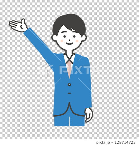 Illustration of a man in a suit pointing upwards Illustration of a man in a suit pointing upwards 128714725