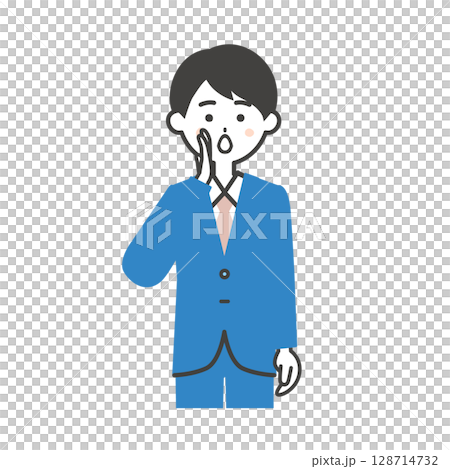 一名穿著西裝的男子用手摀住嘴巴打電話的插圖 128714732