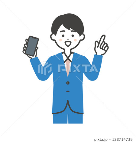 スマホをもって指を立てるスーツ姿の男性イラスト 128714739