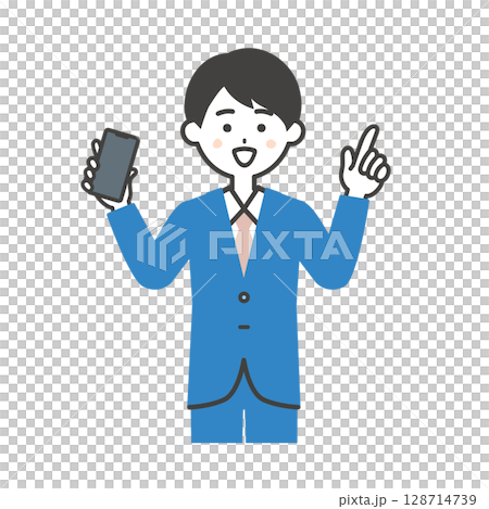 スマホをもって指を立てるスーツ姿の男性イラスト 128714739