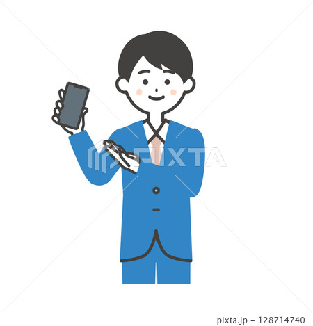 スマホを持つスーツ姿の男性イラスト スマホを持つスーツ姿の男性イラスト 128714740
