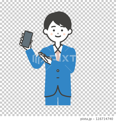 身穿西裝、手持智慧型手機的男子的插圖 128714740