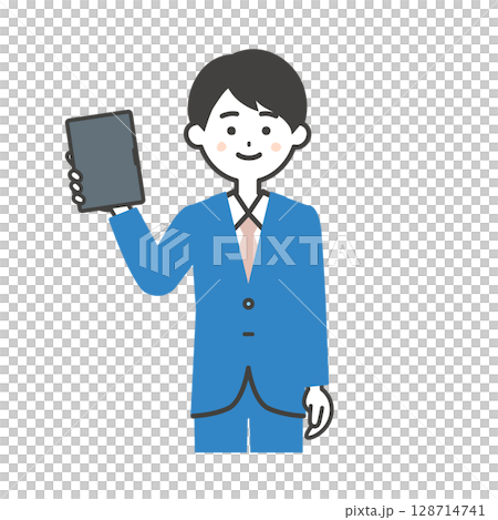 一名身穿西裝、手持平板電腦的男子的插圖 128714741