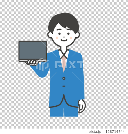 Illustration of a man in a suit holding a laptop Illustration of a man in a suit holding a laptop 128714744
