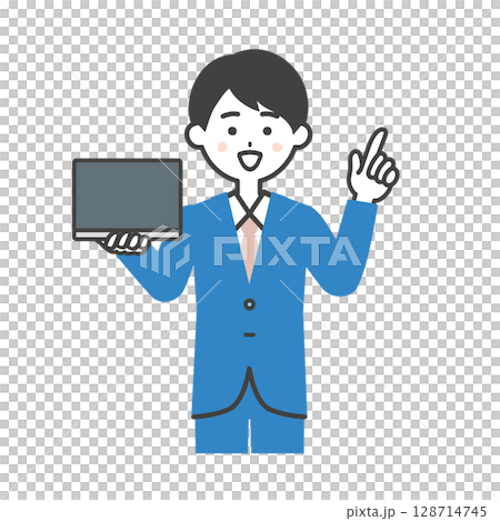 Illustration of a man in a suit holding a laptop Illustration of a man in a suit holding a laptop 128714745