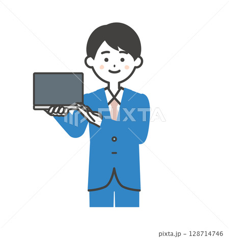 ノートパソコンを持つスーツ姿の男性イラスト ノートパソコンを持つスーツ姿の男性イラスト 128714746
