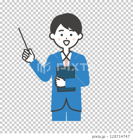 資料をもって指示棒を指すスーツ姿の男性イラスト 資料をもって指示棒を指すスーツ姿の男性イラスト 128714747