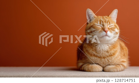 Content Ginger Cat Relaxing Against Vibrant Orange Wall Content Ginger Cat Relaxing Against Vibrant Orange Wall 128714751