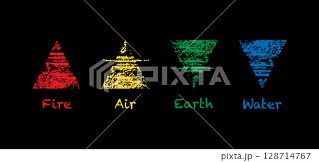 The Four Elements : Fire, Air, Earth, Water. Grungy geometry, Wiccan divination symbols. Colorful Ancient occult set sign in paint brush style, vector illustration isolated on black background  128714767
