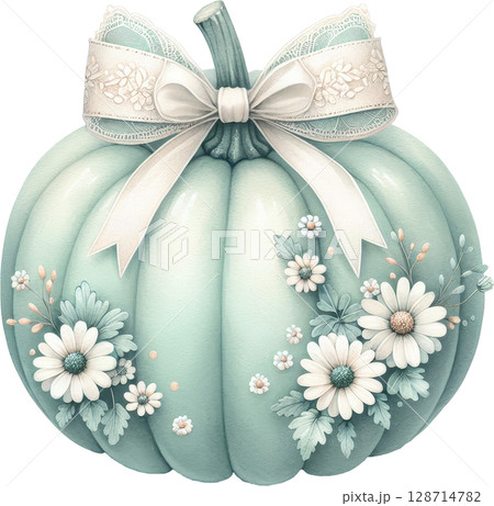 Preppy pumpkin with a delicate bow and floral accents 128714782