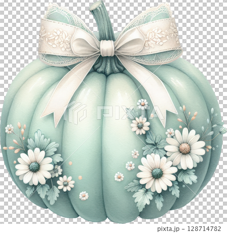 Preppy pumpkin with a delicate bow and floral accents 128714782
