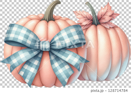 Two plump peach colored pumpkins decorated with a gingham ribbon bow 128714784