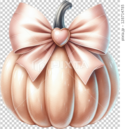 A stylized pumpkin ornament adorned with a delicate pink ribbon bow 128714785
