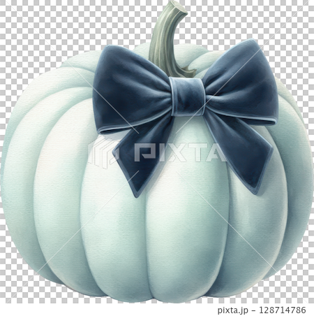 A stylish and chic white pumpkin with a navy blue bow exuding a sophisticated and elegant fall aesthetic 128714786