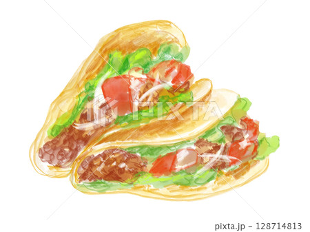 野菜や肉がたっぷりの出来立てのタコスの手描き水彩イラスト 128714813