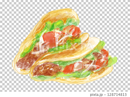 野菜や肉がたっぷりの出来立てのタコスの手描き水彩イラスト 128714813