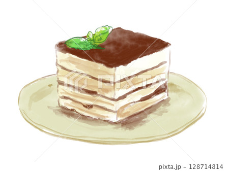 美味しそうなミントの乗ったティラミスの手描き水彩イラスト 128714814