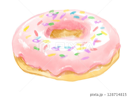 美味しそうでかわいいストロベリードーナツの手描き水彩イラスト 美味しそうでかわいいストロベリードーナツの手描き水彩イラスト 128714815