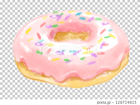 美味しそうでかわいいストロベリードーナツの手描き水彩イラスト 美味しそうでかわいいストロベリードーナツの手描き水彩イラスト 128714815