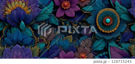 Colorful Mandala Inspired Flower Design on Dark Background 128715243