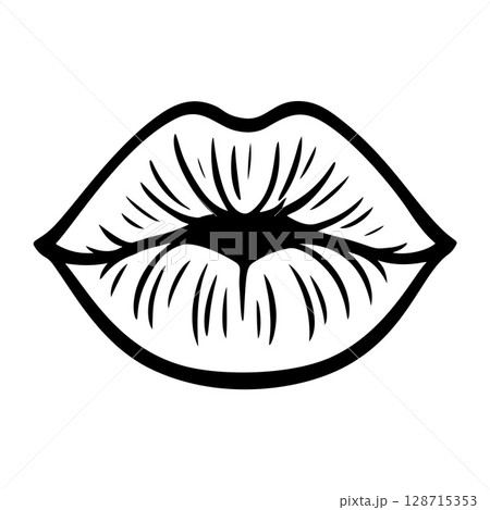 kiss lips doodle style black and white icon clean line art,  128715353
