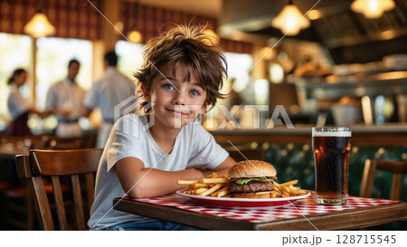 Adorable young boy with bright blue eyes smiles at the camera, enjoying a burger and fries in a lively restaurant setting Adorable young boy with bright blue eyes smiles at the camera, enjoying a burger and fries in a lively restaurant setting 128715545