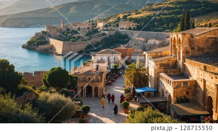 Ancient Mediterranean coastal town with historic architecture, overlooking turquoise waters and lush hills, ideal for travel, history, and European culture themes 128715550