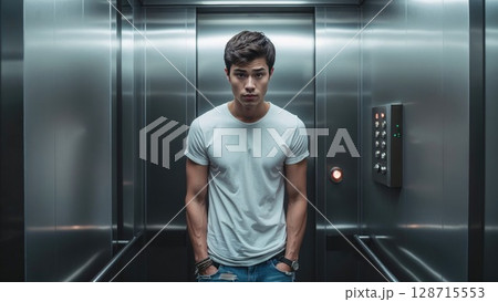 Young man in a white t-shirt stands confidently in a modern, metallic elevator, exuding urban style and an edgy, direct gaze, ready for his journey Young man in a white t-shirt stands confidently in a modern, metallic elevator, exuding urban style and an edgy, direct gaze, ready for his journey 128715553