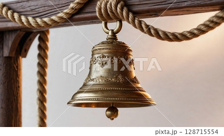 Ornate brass bell, richly decorated with intricate patterns and suspended by sturdy ropes, evoking history, tradition, and a sense of timeless elegance Ornate brass bell, richly decorated with intricate patterns and suspended by sturdy ropes, evoking history, tradition, and a sense of timeless elegance 128715554