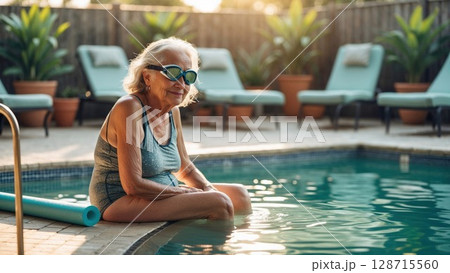 A senior woman wearing goggles sits by the edge of a swimming pool, dipping her feet in the water, capturing themes of leisure, retirement, and active aging 128715560
