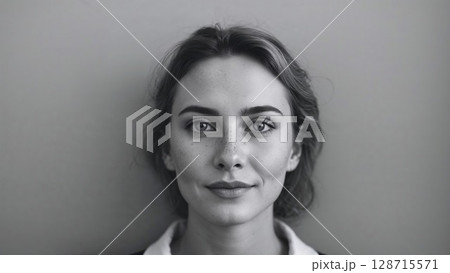 Close-up of a smiling young woman's face in black and white, featuring freckles and captivating eyes 128715571