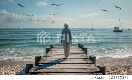 Mature woman stands on a weathered wooden pier, gazing out at the vast ocean with seagulls soaring above and sailboats in the distance Mature woman stands on a weathered wooden pier, gazing out at the vast ocean with seagulls soaring above and sailboats in the distance 128715572
