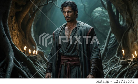 Intense man with a beard and dark, flowing robes stands dramatically among ancient tree roots and glowing candles in a mystical forest 128715573
