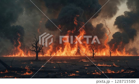 Devastating wildfire rages across a dark landscape, with towering flames and thick smoke consuming trees. Captures environmental crisis, destruction, and climate impact Devastating wildfire rages across a dark landscape, with towering flames and thick smoke consuming trees. Captures environmental crisis, destruction, and climate impact 128715580