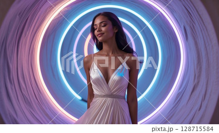 Mesmerizing portrait of a woman with her head tilted upwards, surrounded by glowing, ethereal pink and blue fabric against a dark sky. Represents dreams, fantasy, freedom, and artistic expression Mesmerizing portrait of a woman with her head tilted upwards, surrounded by glowing, ethereal pink and blue fabric against a dark sky. Represents dreams, fantasy, freedom, and artistic expression 128715584