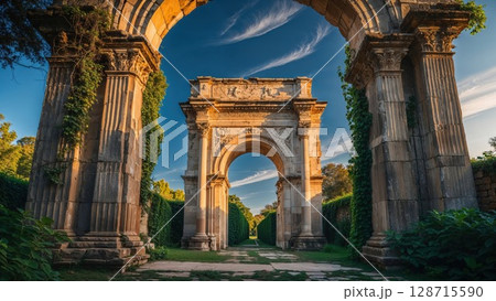 Grandiose ancient stone arches, partially covered in ivy, frame a path leading into a lush garden under a dramatic sky. Evokes history, grandeur, mystery, and forgotten places 128715590