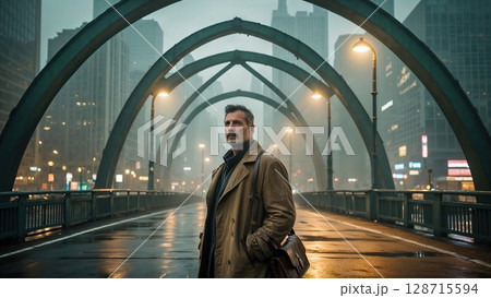 A pensive man in a trench coat stands on a wet city bridge at night, with illuminated streetlights and towering buildings in the misty background. Evokes urban solitude, mystery, and contemplation 128715594