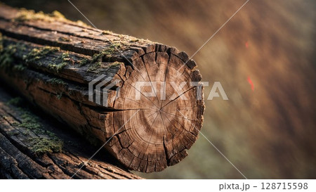 Close-up of weathered, moss-covered logs with distinct tree rings, showcasing natural textures, rustic beauty, and the passage of time in a forest environment 128715598