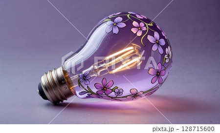 A unique light bulb with a purple hue and delicate floral design, glowing softly on a grey background. Symbolizes creativity, ideas, innovation, and art A unique light bulb with a purple hue and delicate floral design, glowing softly on a grey background. Symbolizes creativity, ideas, innovation, and art 128715600