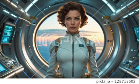Determined female astronaut in a sleek suit stands in a futuristic spaceship, gazing ahead through a circular portal, symbolizing innovation, exploration, and space travel 128715602