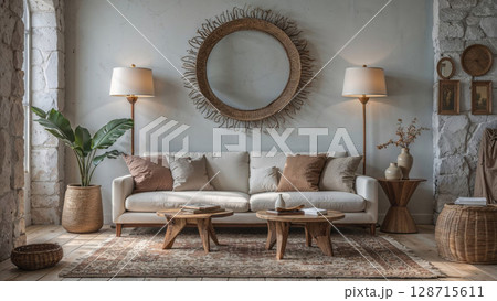 A stylish, cozy living room with a cream sofa, natural woven decor, and warm lighting, creating a serene bohemian or contemporary interior design aesthetic A stylish, cozy living room with a cream sofa, natural woven decor, and warm lighting, creating a serene bohemian or contemporary interior design aesthetic 128715611