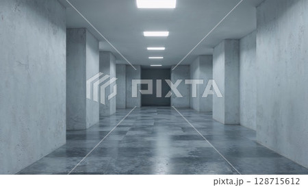 A minimalist, stark concrete hallway with illuminated rectangular lights on the ceiling, leading to a distant dark doorway, evoking themes of isolation and simplicity 128715612