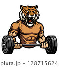 Muscular Tiger Mascot Lifting Barbell. Fierce Fitness Vector 128715624