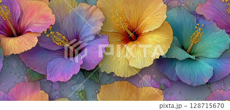 Vibrant Floral Pattern Design with Fine Lines and Soft Colors 128715670