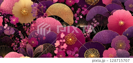 Abstract Japanese Floral Pattern with Vibrant Colors and Seamless Design 128715707