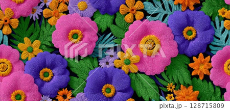Vibrant Geometric Floral Vector Pattern with Colorful Flowers and Leaves 128715809