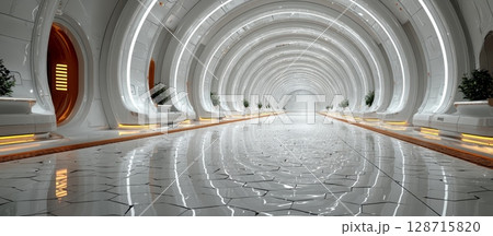 Futuristic Clean White Corridor with Stylish Lighting Perspective Futuristic Clean White Corridor with Stylish Lighting Perspective 128715820