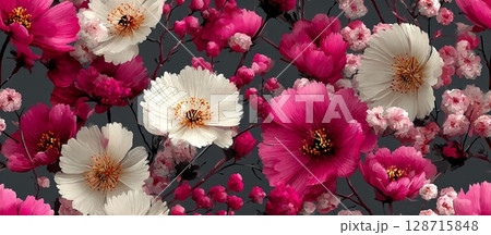 Vibrant Abstract Floral Design with Pink and White Flower Pattern 128715848